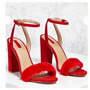 Forever 21 Red Fur Strap Sandal Heels Size 7.5 NWT